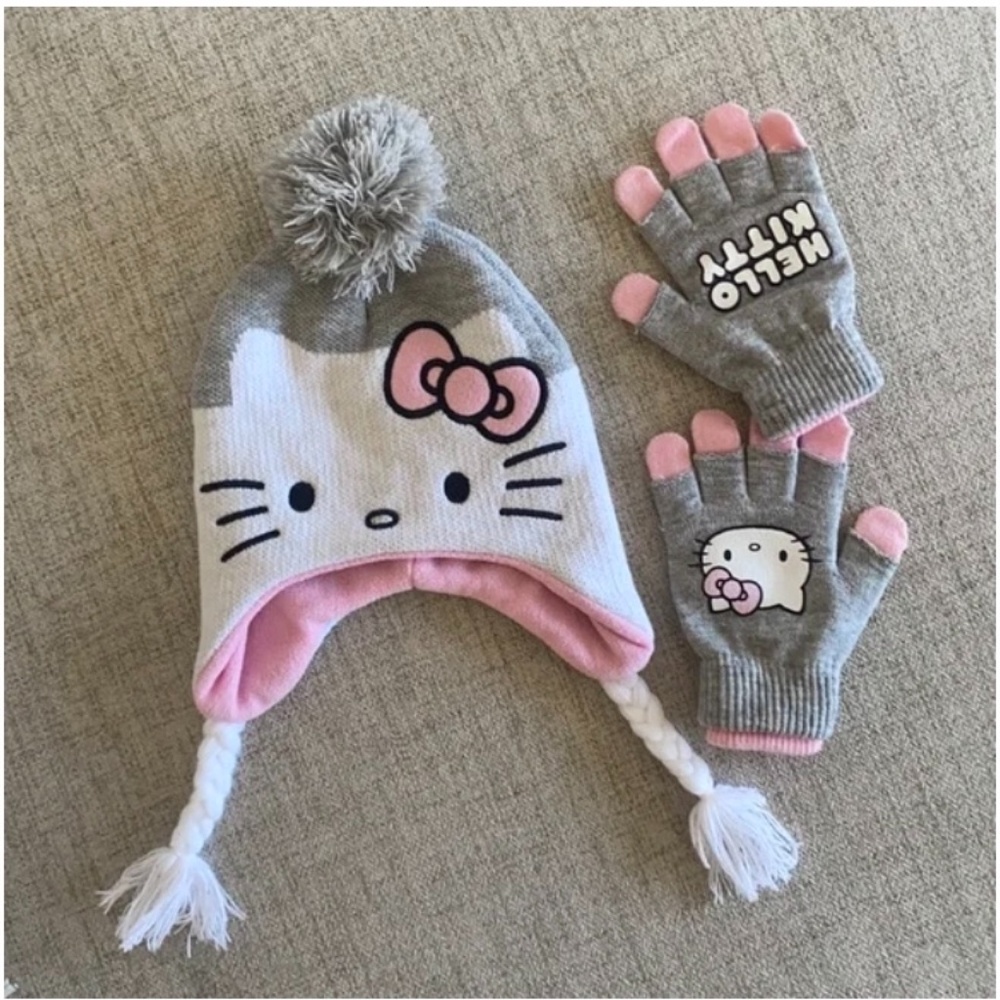 🪞 NWT set hello kitty fleece lined knit hat and glove sanrio full matching pink